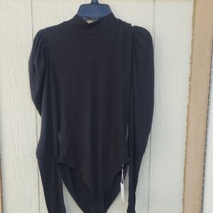 NEW Mangopop puff Sleeve High Neck Bodysuit Black Sleek Poetcore Baddie Small